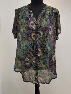 Sara Michelle Sheer Peacock Feather Print Button-Front Blouse